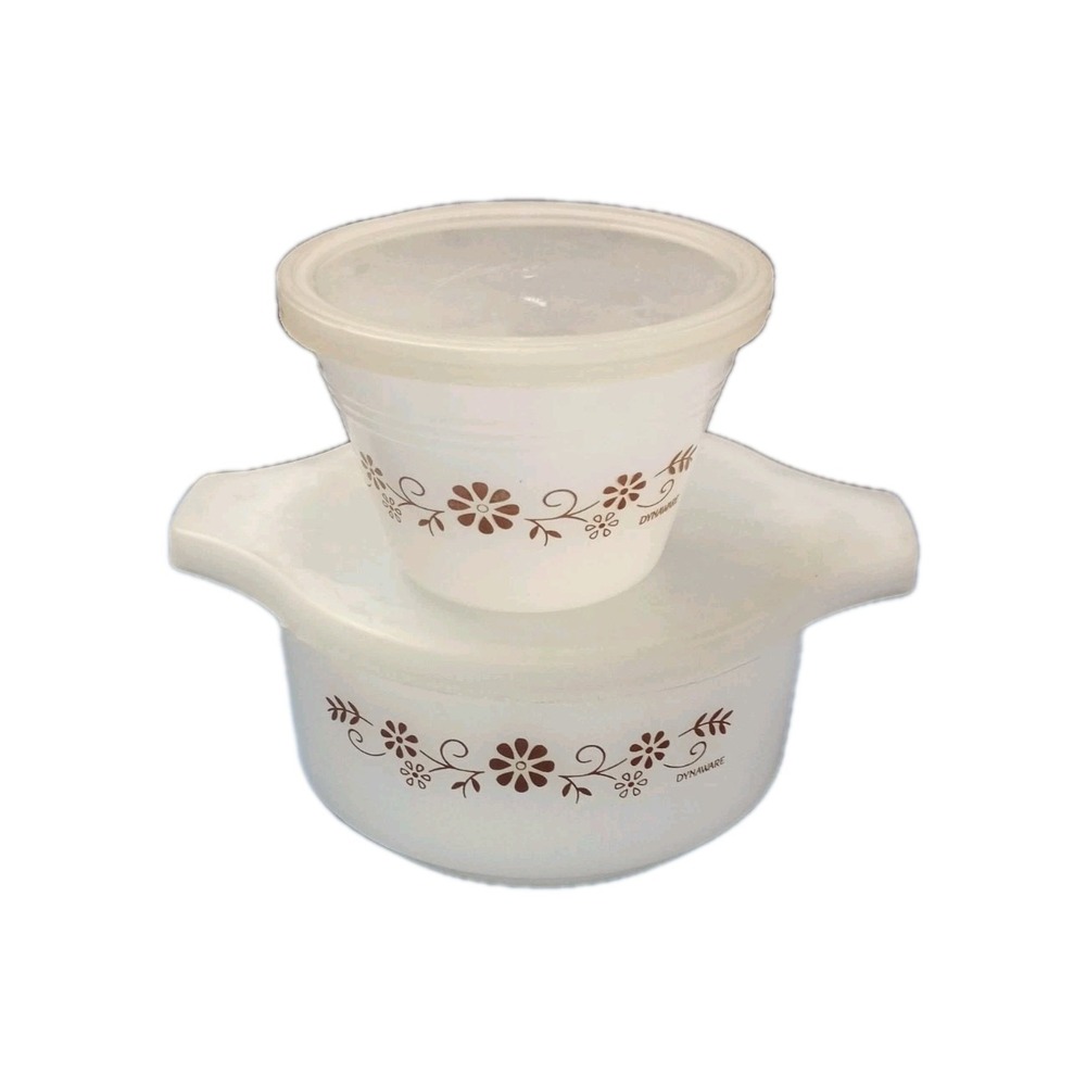 Vintage Dynaware Termocrisa Brown Daisy Pattern Custard Cup And Small Casserole